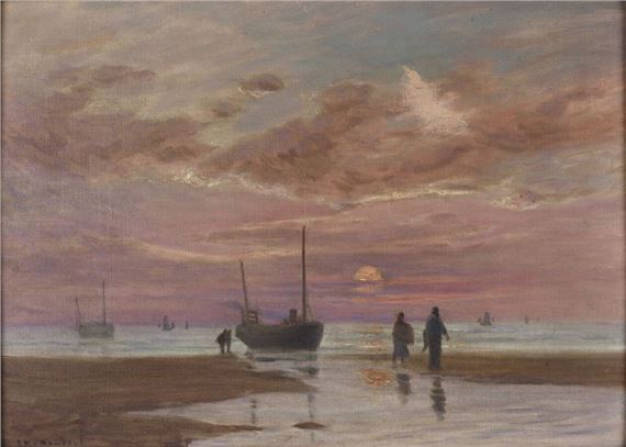 Sunset on the sea at low tide. by Charles Emmanuel Joseph Roussel