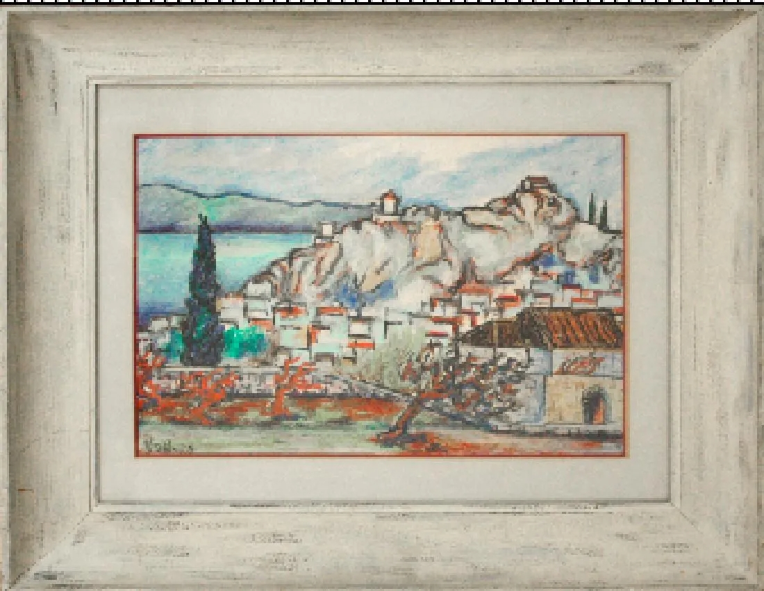 Artwork by Georg Balder, Village On The Lake, Made of pastel on paper