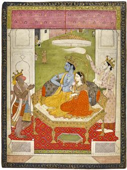 A PAINTING OF RAMA AND SITA ENTHRONED WITH LAKSHMANA AND HANUMAN - Guler School, 19th Century