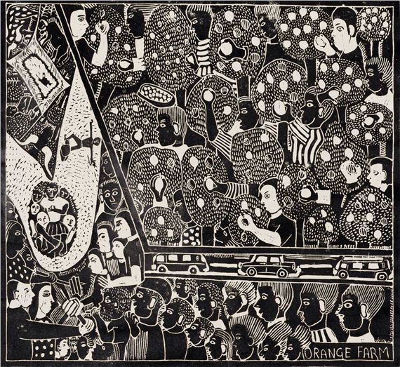 Orange Farm by John Ndevasia Muafangejo, dated 1974