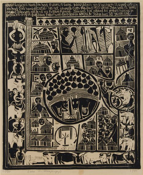 Muafengejo's Kraal by John Ndevasia Muafangejo, dated 1980