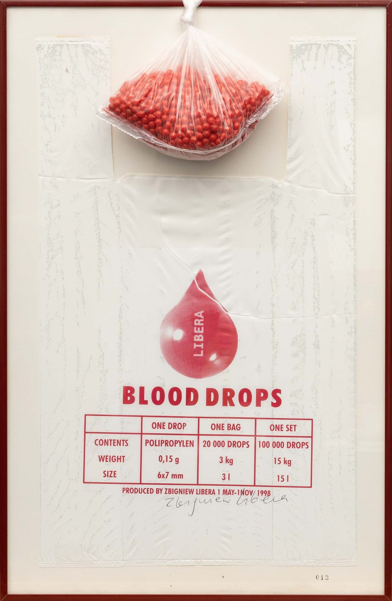 Artwork by Zbigniew Libera, Krople krwi, Made of collage/paper, plastic bag, silkscreen