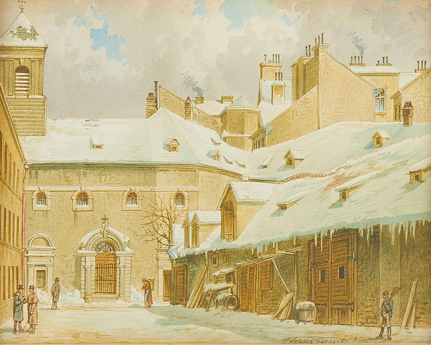 Artwork by Franz Gerasch, Die Rosaliakapelle im Freihaus auf der Wieden im Winter, Made of Aquarell