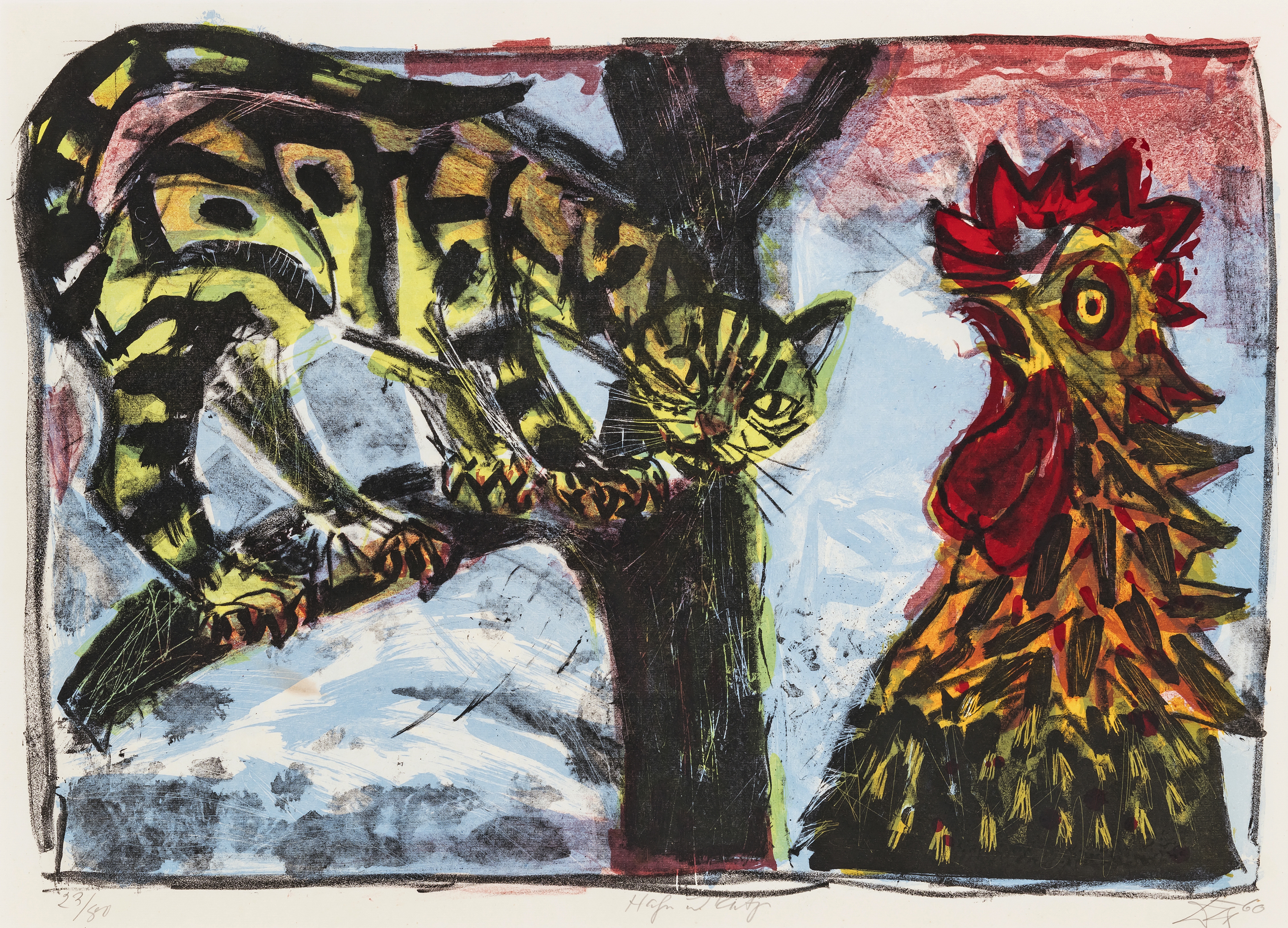Artwork by Otto Dix, Katze und Hahn II., Made of Colour lithograph