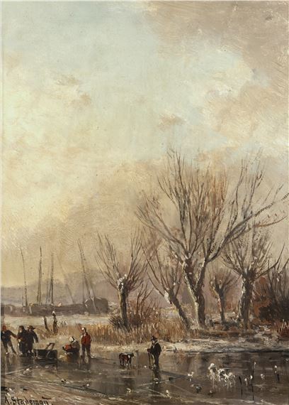 Adolf Stademann | WINTER LANDSCAPE WITH SKATERS ON A FROZEN RIVER ...