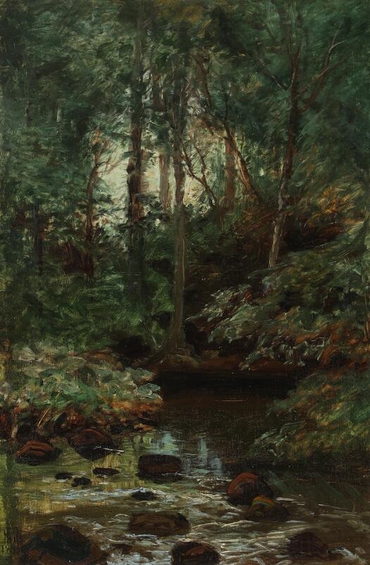 Forest scenery with a stream by Thorvald Simon Niss, dated 1899