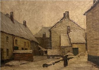 Old lady with a bundle of wood at the entrance of the snowy village - Henri Deglume