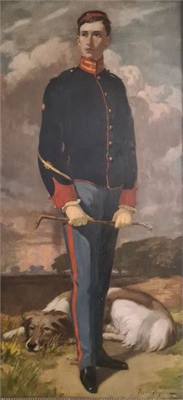 portrait of a young soldier posing in the countryside with his dog by Nestor Cambier