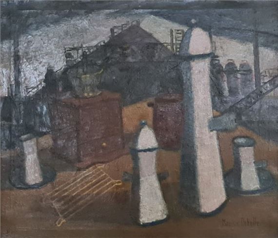 The table of the refectory in the coal mine, furnished with a coffee grinder by Maurice Debaille