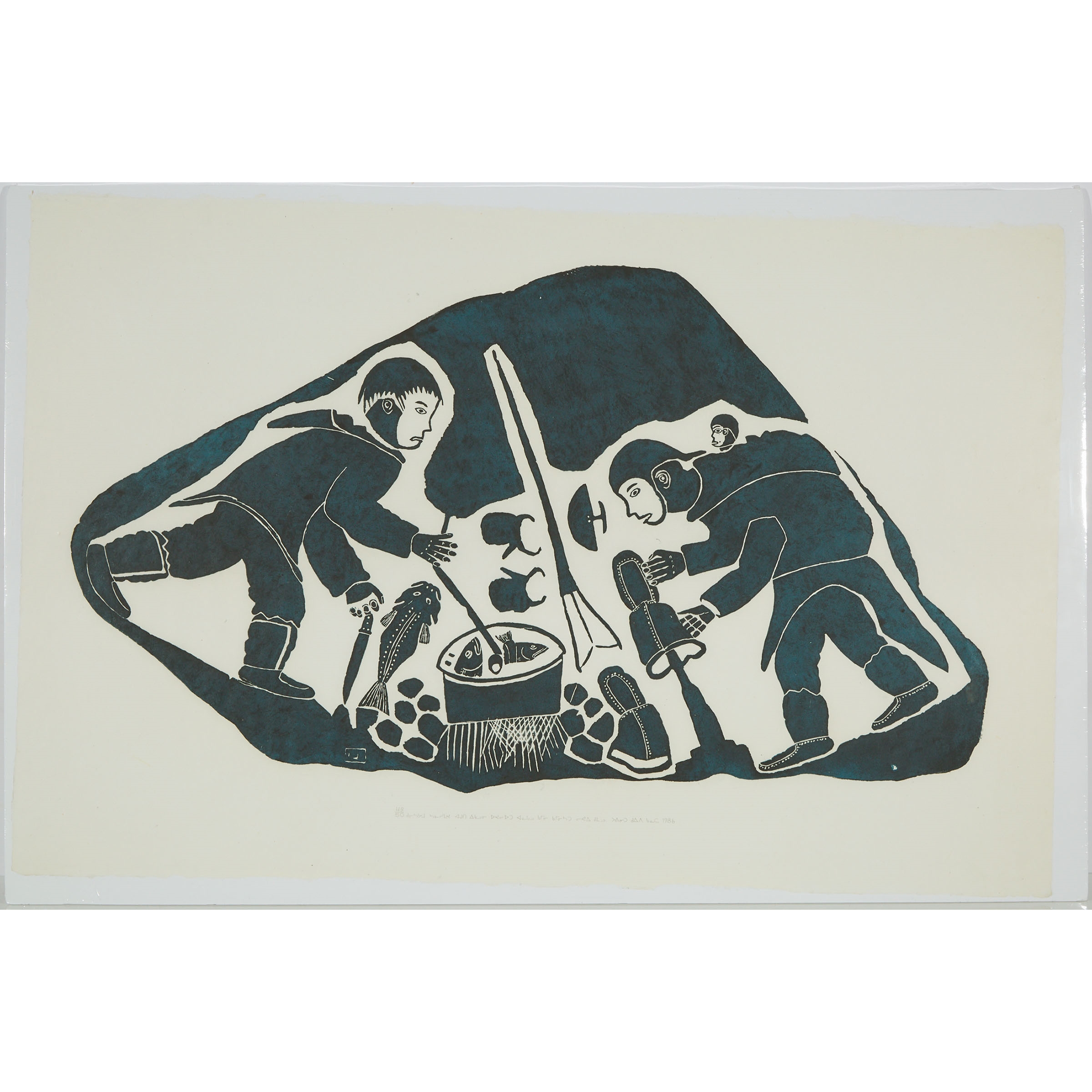 Levi Qumaluk | A MAN COOKS FISH AS HIS WIFE SOFTENS KAMIKS, 1986 (1986 ...