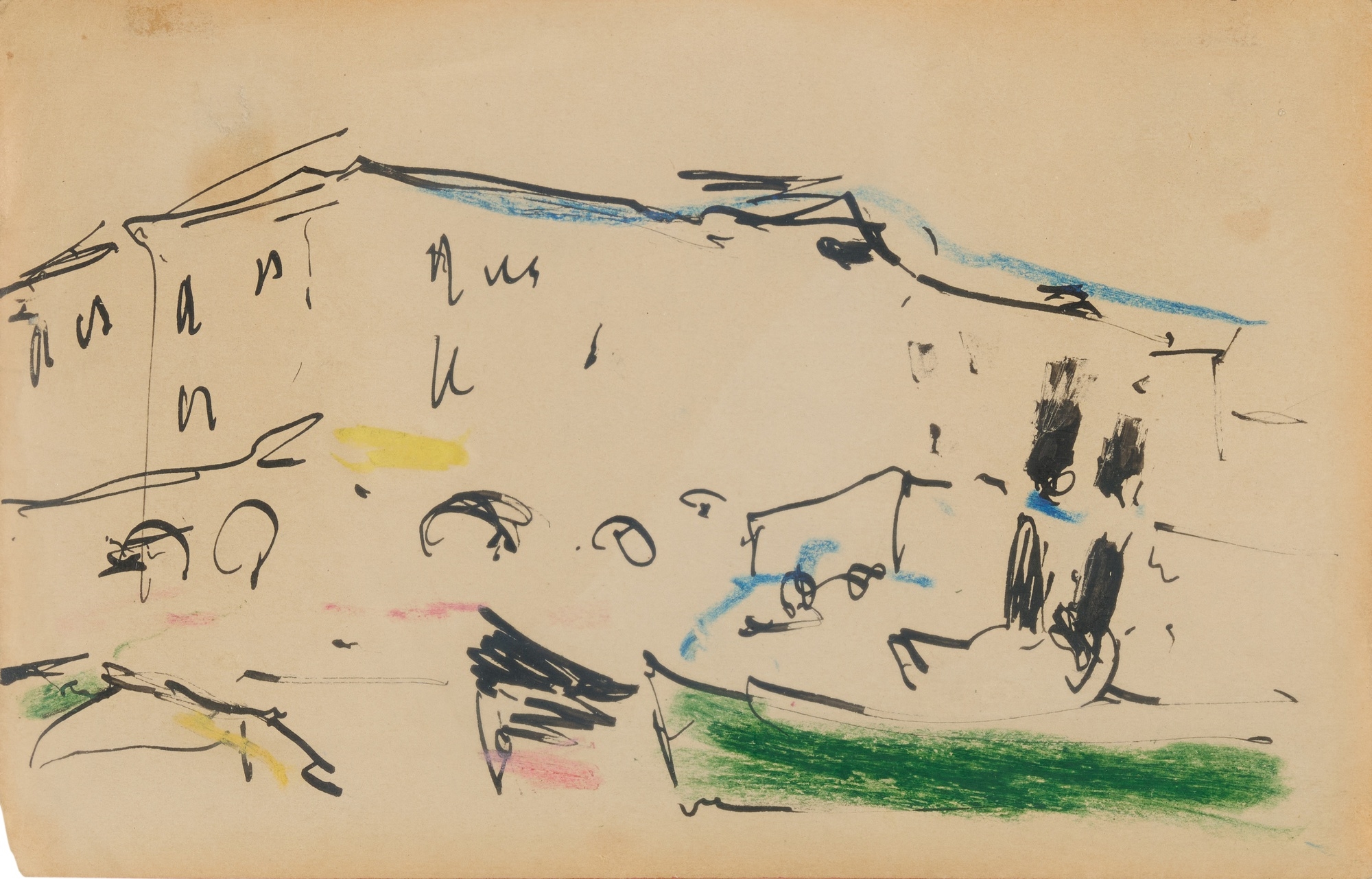 Artwork by Ernst Ludwig Kirchner, Elbkähne vor gelben Häusern, Dresden (Elbe Barges in front of Yellow Houses, Dresden), Made of ink and coloured wax crayon on paper
