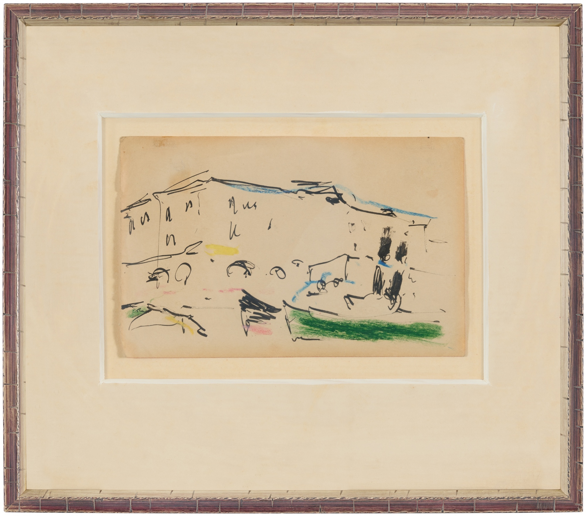 Artwork by Ernst Ludwig Kirchner, Elbkähne vor gelben Häusern, Dresden (Elbe Barges in front of Yellow Houses, Dresden), Made of ink and coloured wax crayon on paper