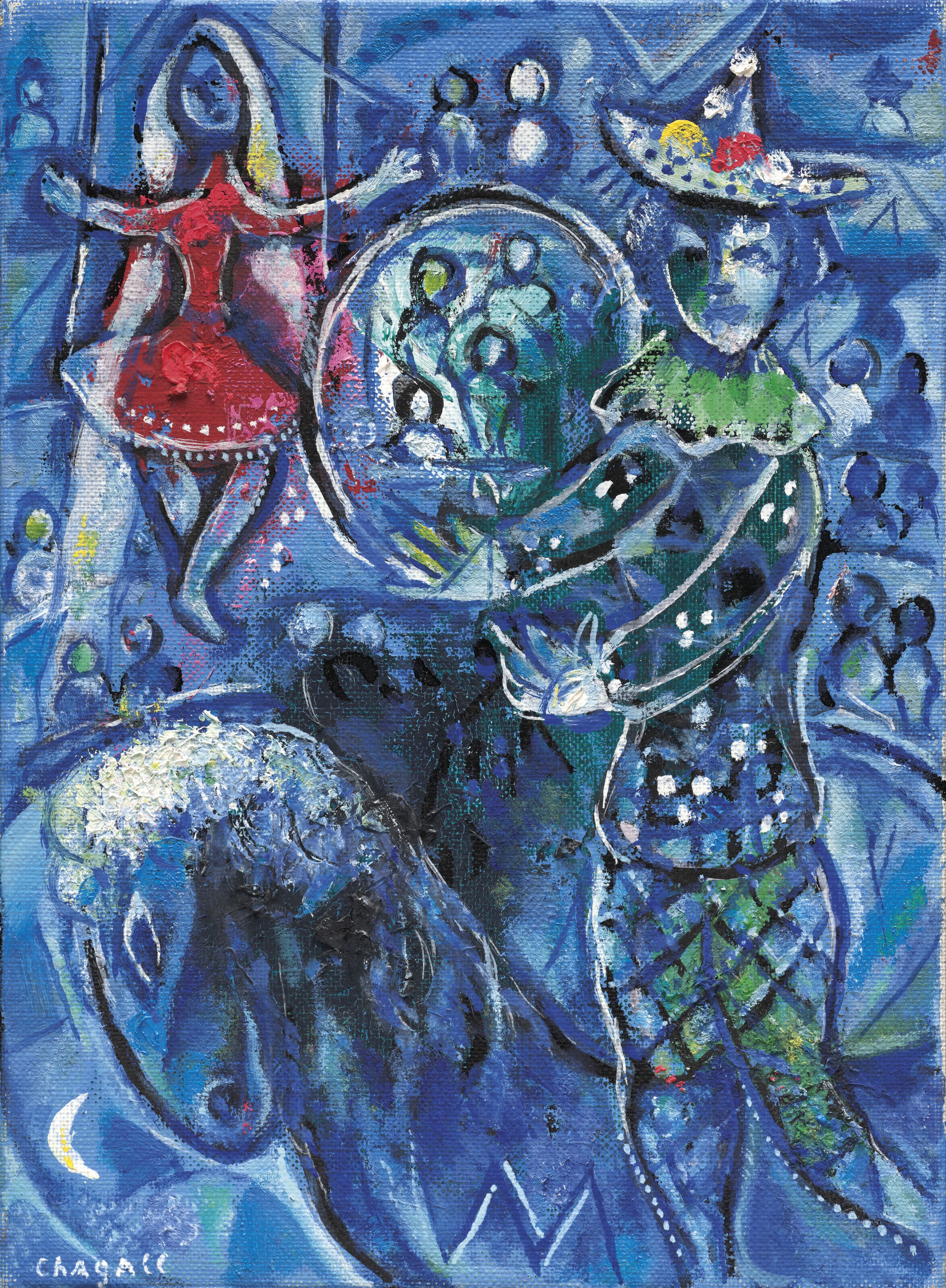 Artwork by Marc Chagall, Le Cirque sur fond bleu, Made of oil and bursh and India ink on canvas