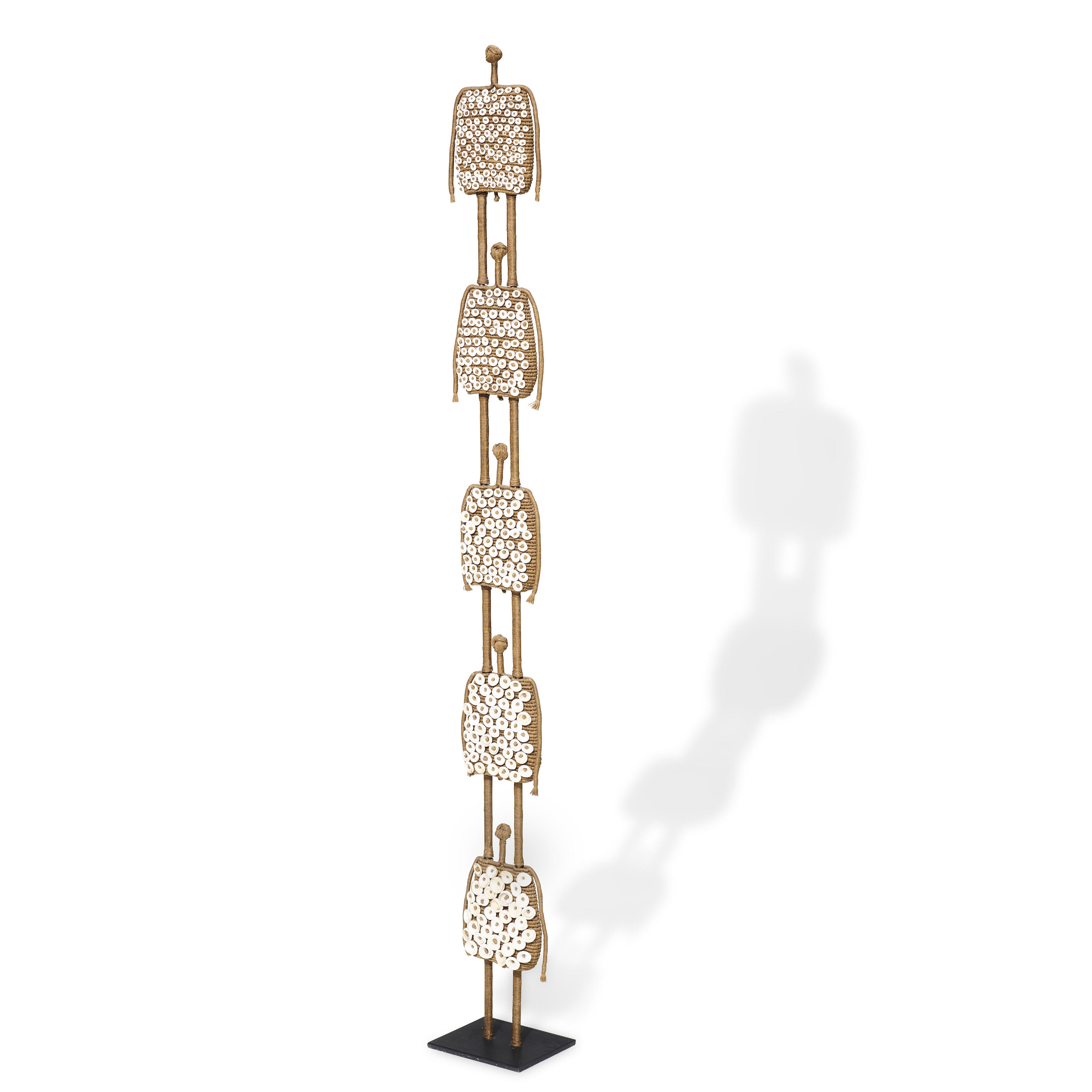 Artwork by Mary Giles, Totem, Made of waxed linen cord, puka shells, iron