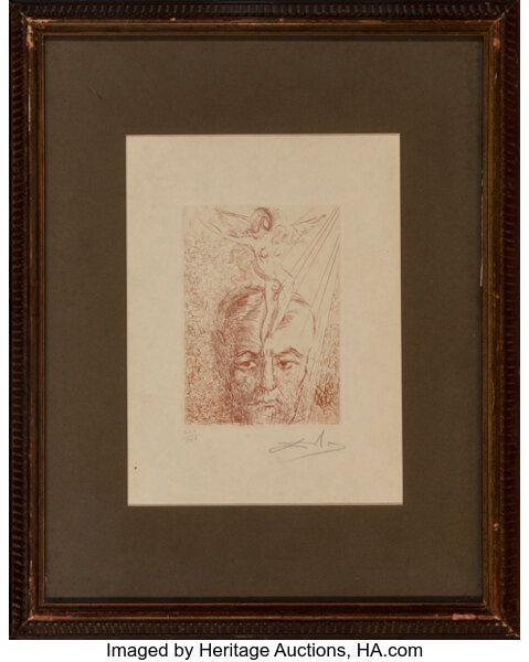 A drawing of a man's face with a bird on his head.