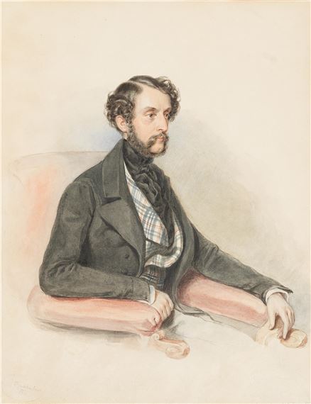 Bildnis eines Herrn mit Schnurrbart und lockigem Haar by Josef Kriehuber, 1844