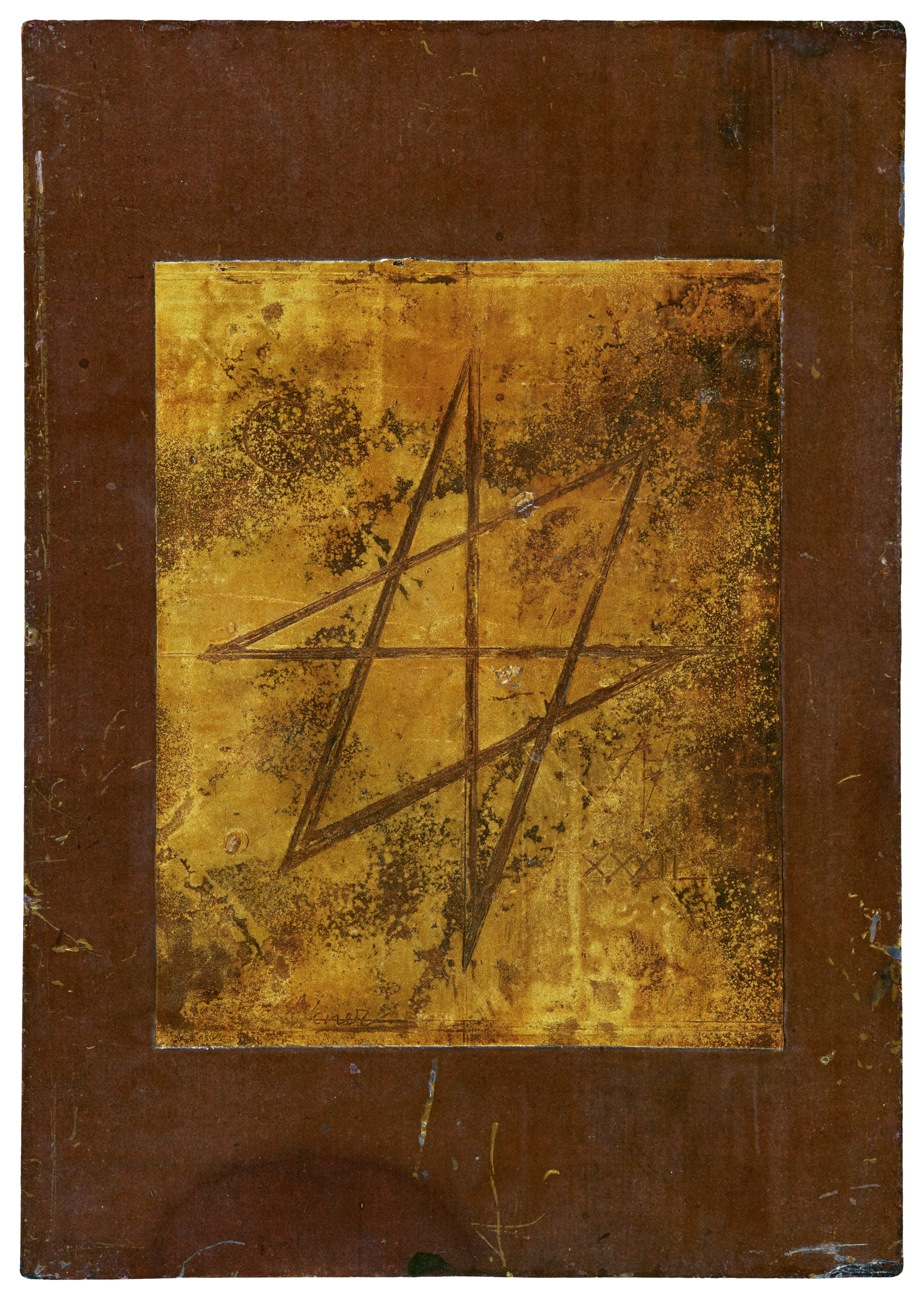 Artwork by Hermann Glöckner, Sechszackiger Stern in Gold, Made of Panel. Collage, tempera, asphalt lacquer and scratches on card, varnished