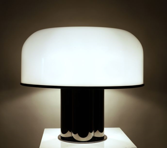 Artwork by Harvey Guzzini, Vintage lamp "Mushroom"., Made of Chrome plate, plastic