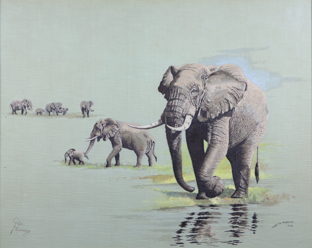 Artwork by Judith Rodker, an embroidery of standing elephants, Made of embroidery