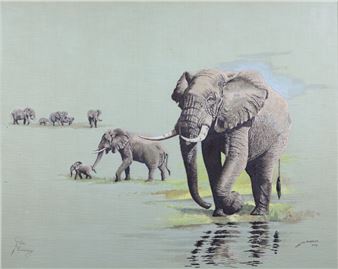 an embroidery of standing elephants - Judith Rodker