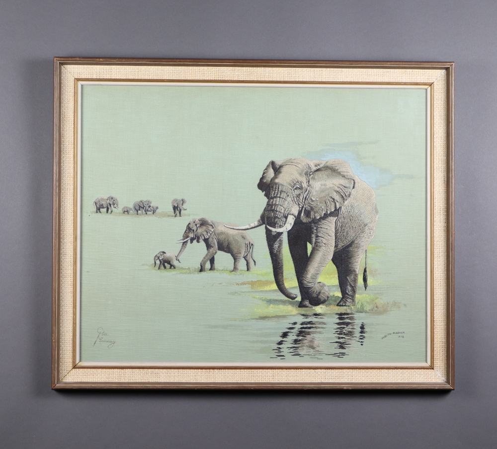 Artwork by Judith Rodker, an embroidery of standing elephants, Made of embroidery