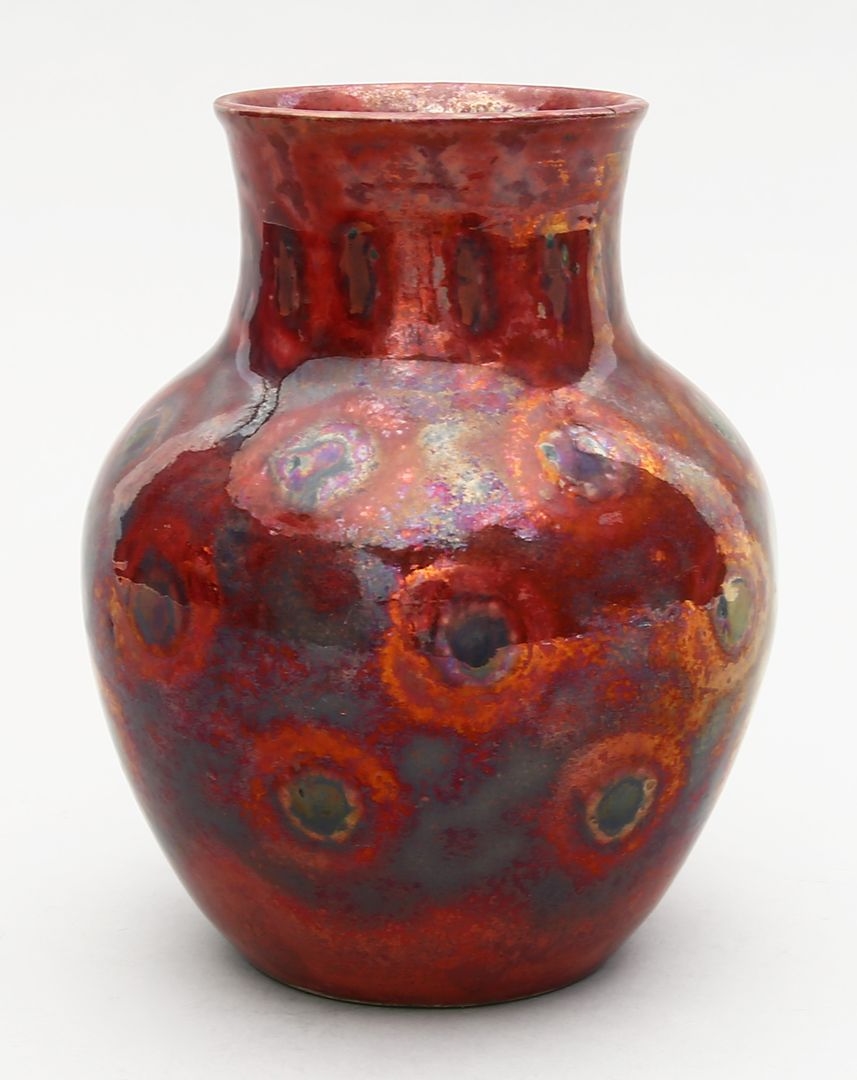 Artwork by Friedrich Festersen, Vase, Made of Rot-braune Glasur mit Kreisornamenten und lüstrierender Oberfläche