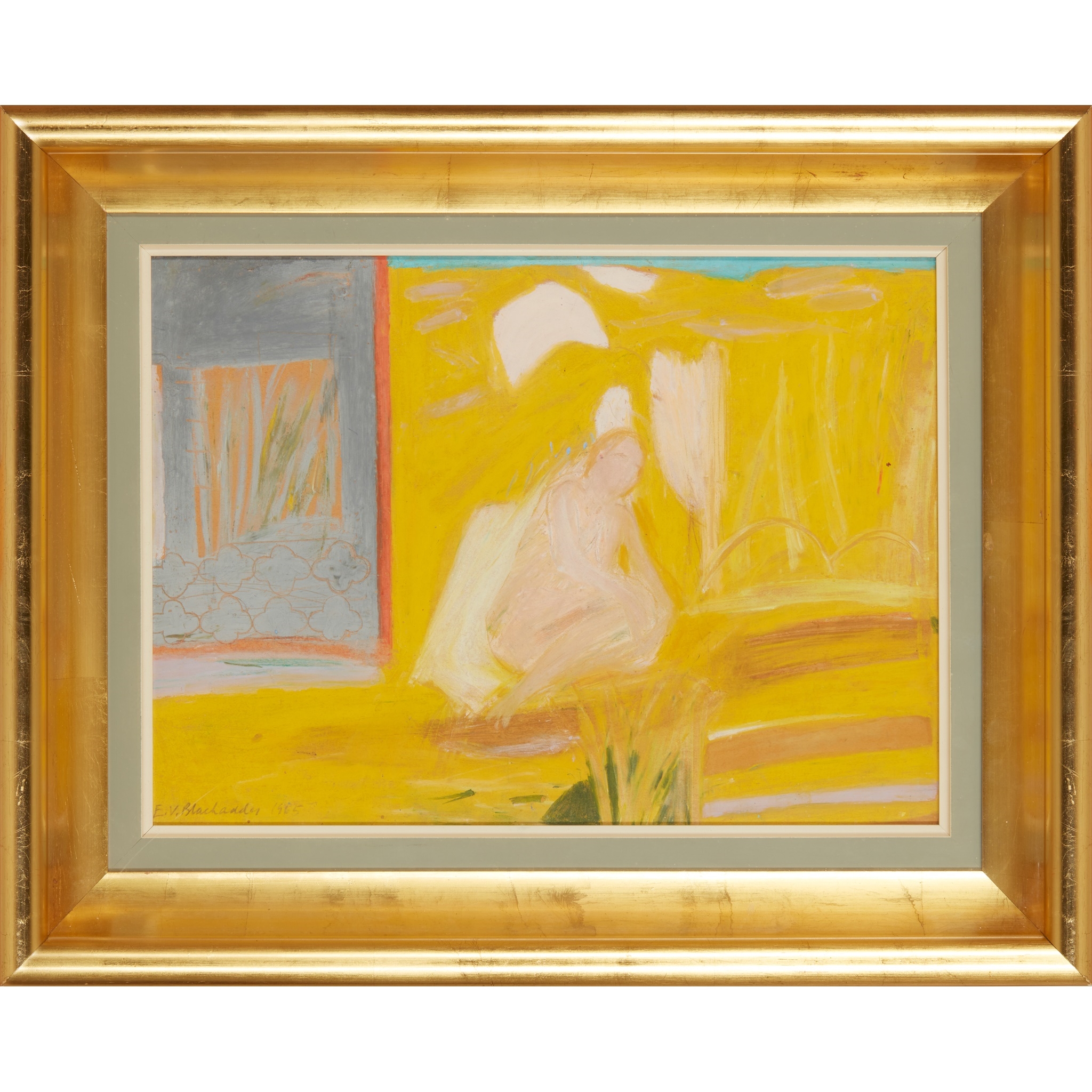 Artwork by Elizabeth Blackadder, FIGURE AND SUMMERHOUSE - 1965, Made of mixed media on board