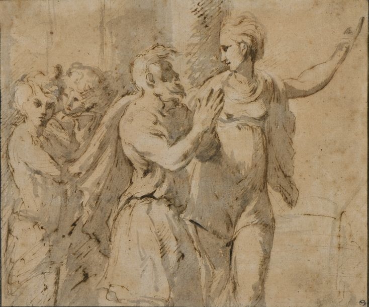 Artwork by Parmigianino, Augustus and the Sybil, Made of Pen, brown ink, grey wash and white highlight