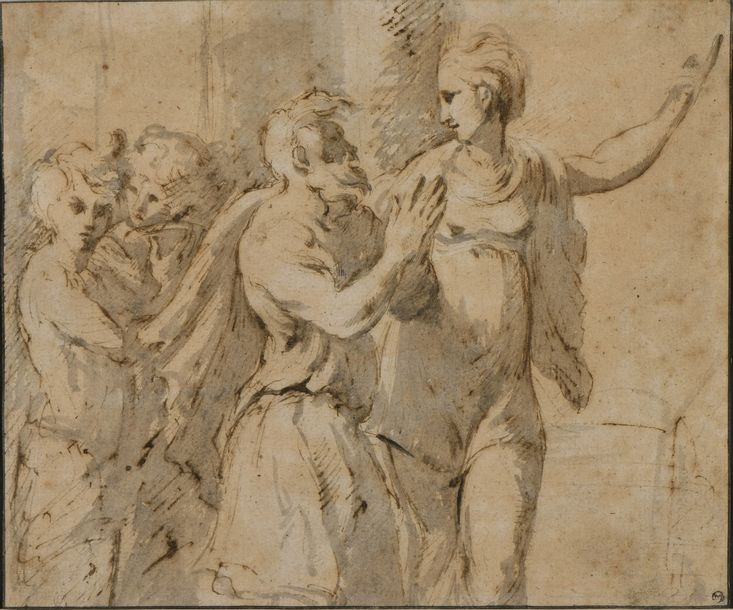 Artwork by Parmigianino, Augustus and the Sybil, Made of Pen, brown ink, grey wash and white highlight
