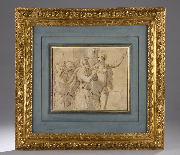 Artwork by Parmigianino, Augustus and the Sybil, Made of Pen, brown ink, grey wash and white highlight