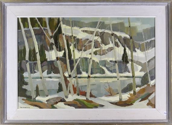 A winter landscape painting featuring slender white tree trunks in the foreground against a snowy, layered background.