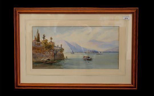 Oriental boats with mountains in the background. by Edwin St. John