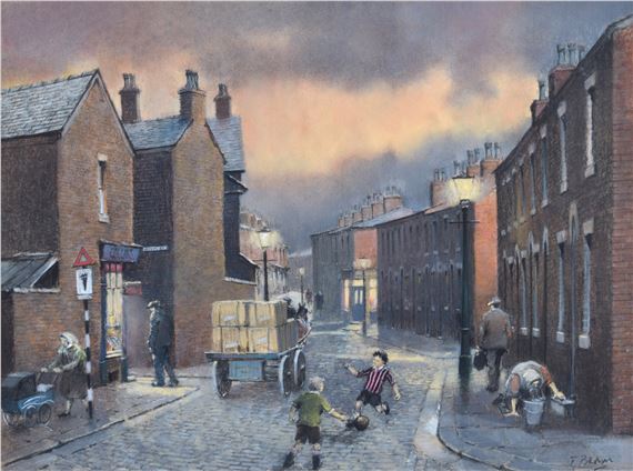 Northern street scene with children playing football