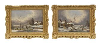 Skaters on a frozen river by a windmill; Cottages and figures in a winter landscape a pair, - A. Godchaux