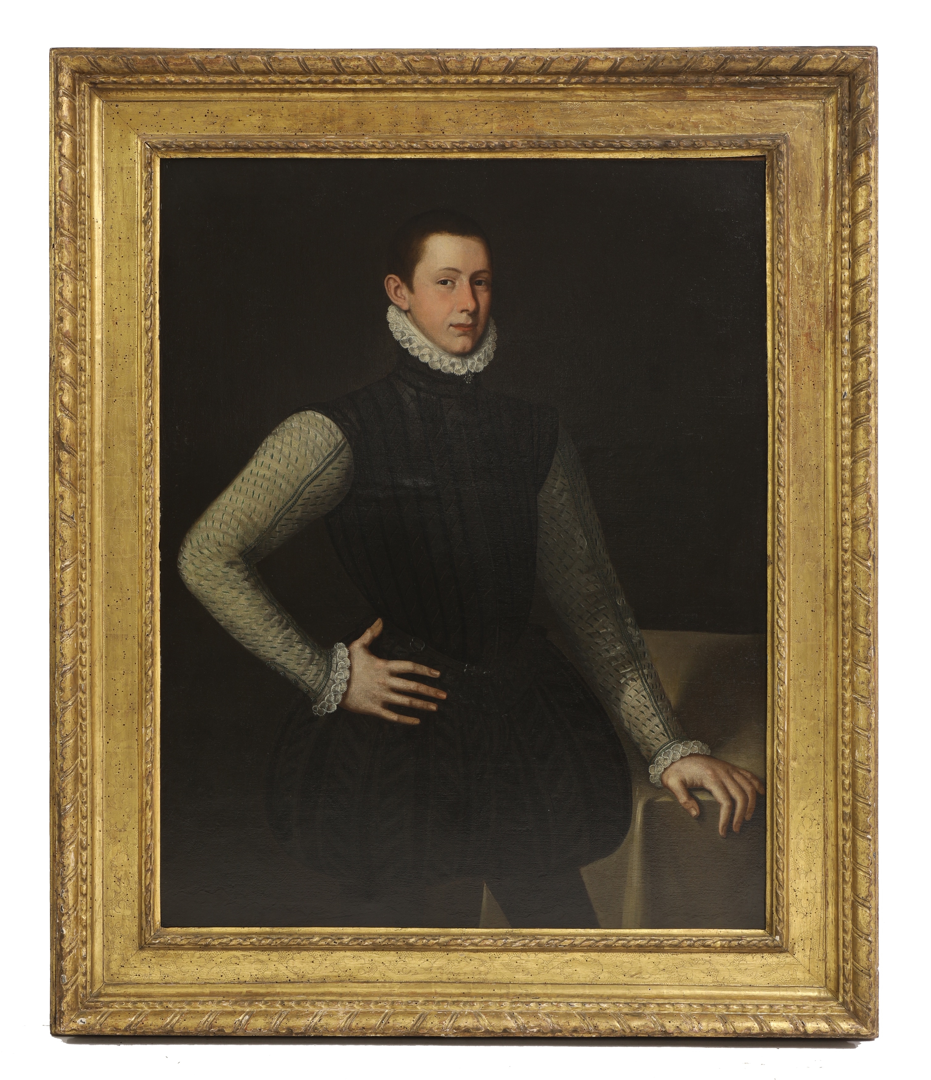 Artwork by Giovanni Battista Moroni, Portrait of a young nobleman standing three-quarter-length in a black striped doublet with ivory sleeves and lace ruff, Made of oil on canvas