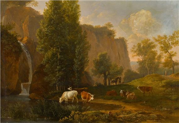 Landscape with a waterfall, figures and cattle by Simon-Joseph-Alexandre-Clément Denis, 1790