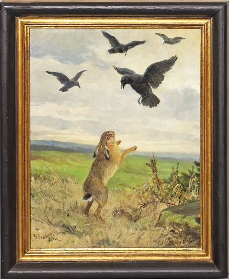 Häsin mit Jungem beim Abwehren von vier Krähen - Wilhelm Gräbhein