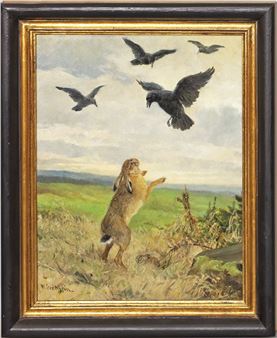 Häsin mit Jungem beim Abwehren von vier Krähen - Wilhelm Gräbhein
