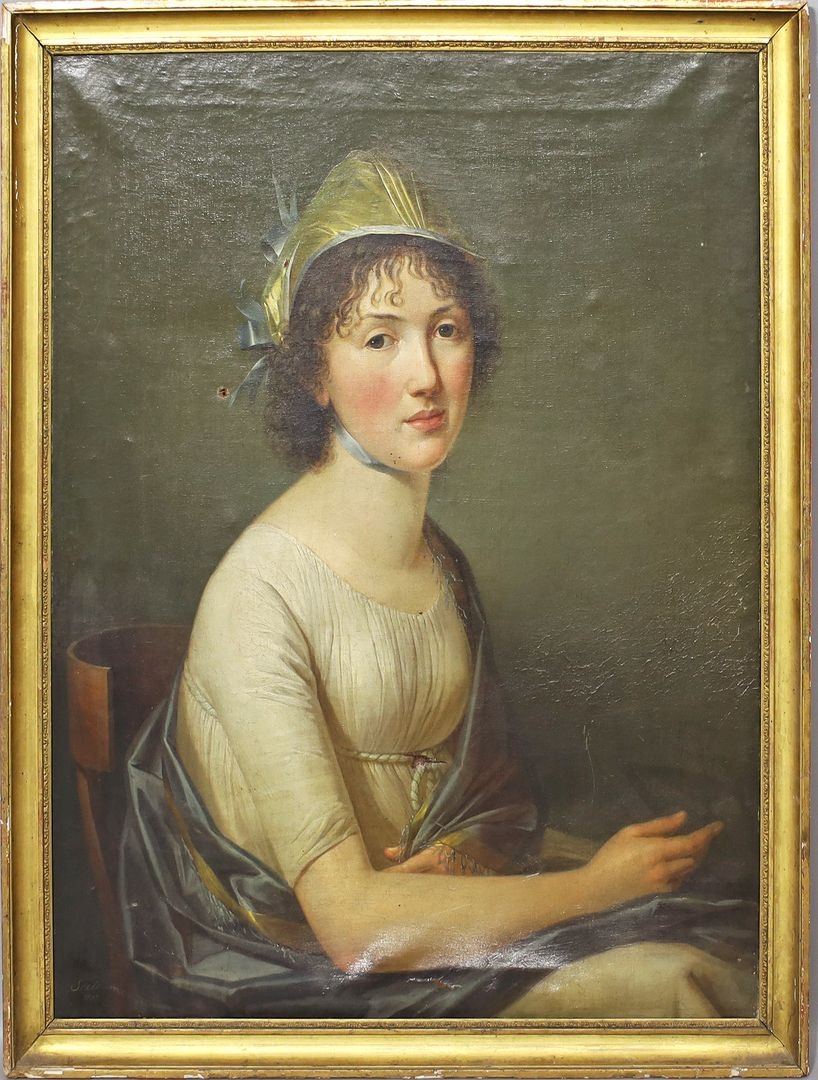 Portrait einer Dame des Empire auf einem Directoirestuhl, im weißen Kleid mit Haube - Johann Baptist Seele