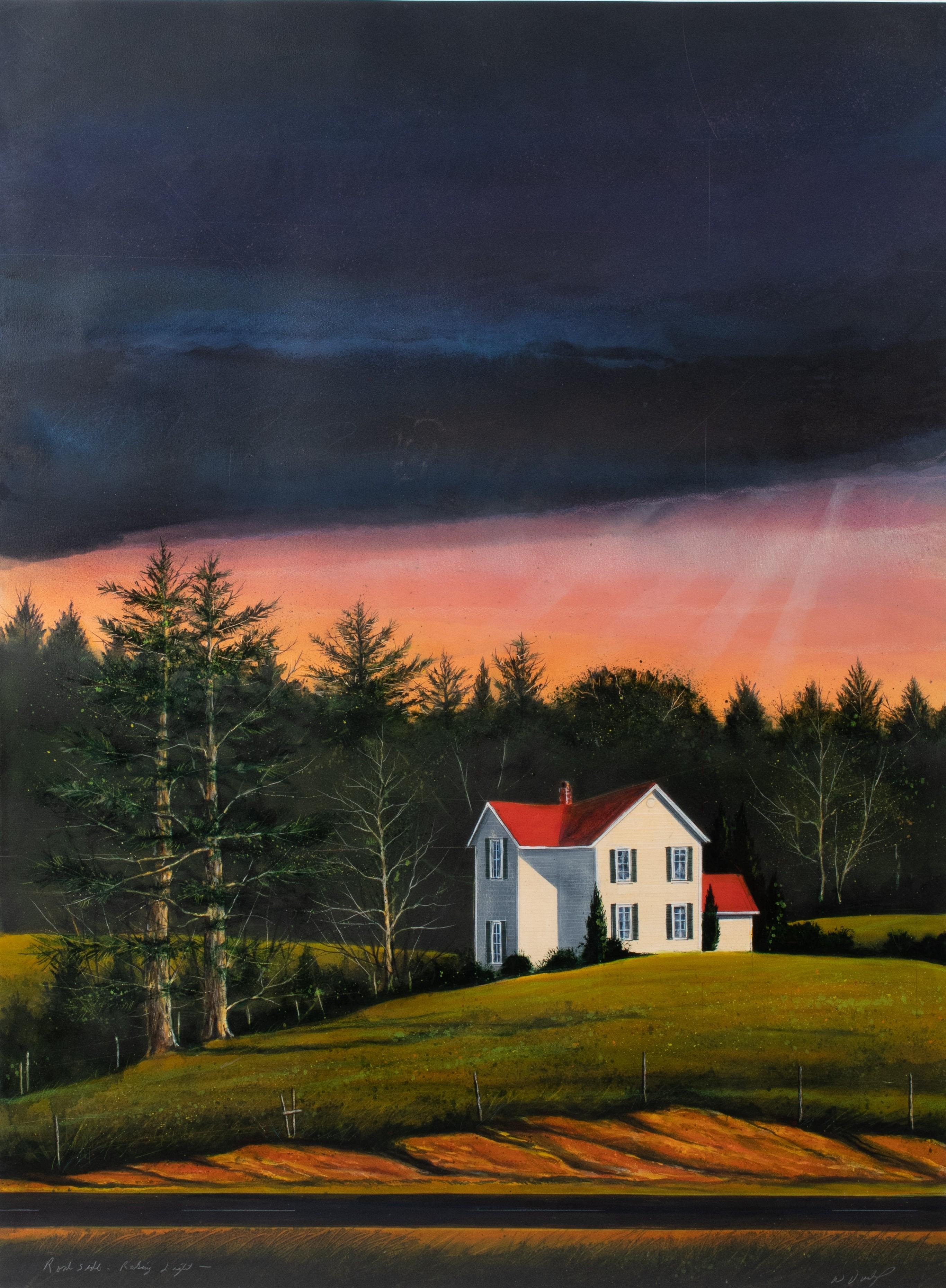 Artwork by William Dunlap, ROADSIDE - RAKING LIGHT, Made of LIGHT, Oil, watercolor and dry pigment on rag board