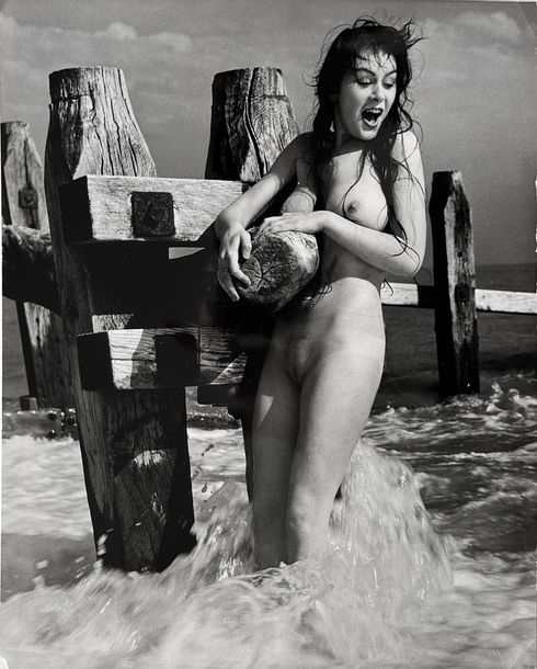 Artwork by Russell Gay, Naturisme, femme sur la plage, jeu de ballon, sur les rochers, ca, Made of 10 vintage silver prints,