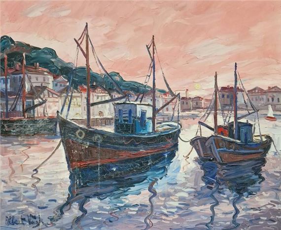 Sunset on the harbor by Albert Vagh Weinmann, 1982