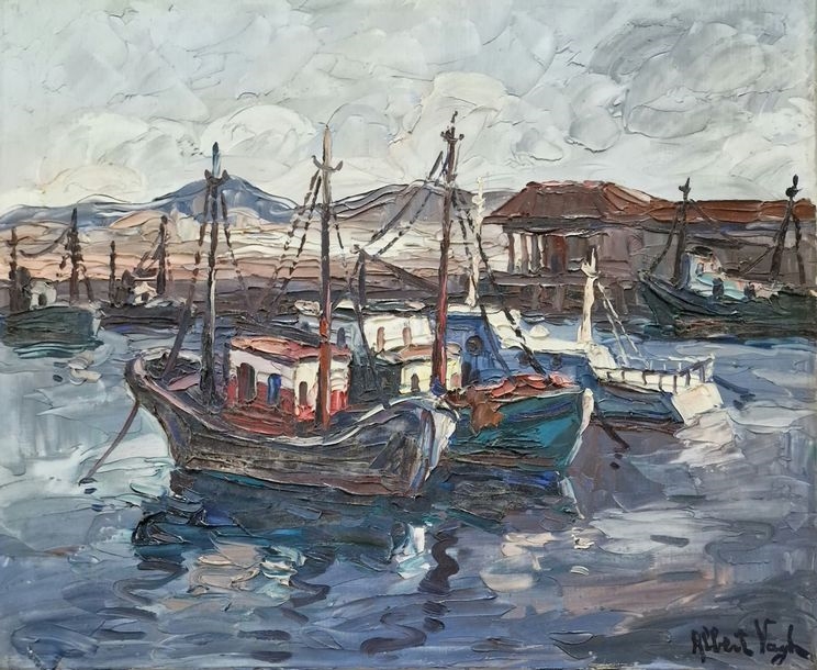 A vibrant oil painting of a harbor scene featuring several fishing boats docked in calm waters.