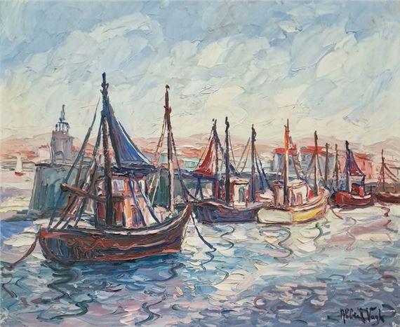 A vibrant oil painting of a harbor scene featuring several fishing boats docked in calm waters.