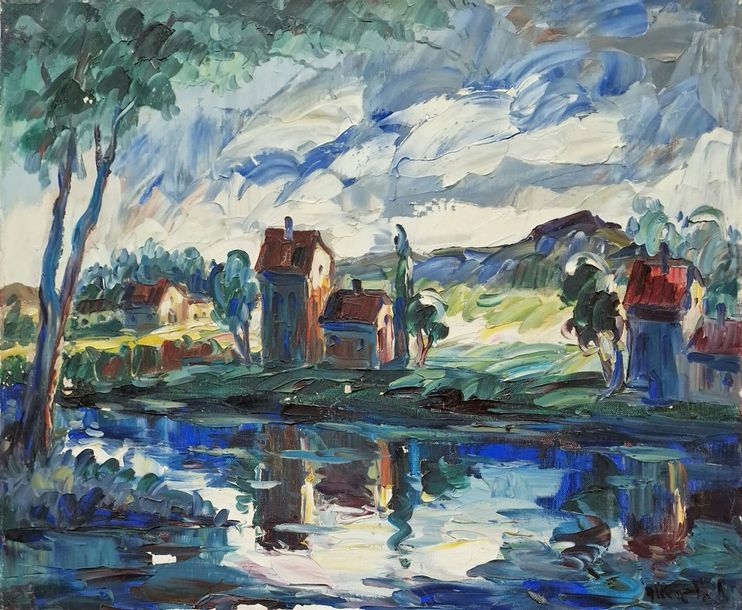 A vibrant oil painting of a harbor scene featuring several fishing boats docked in calm waters.