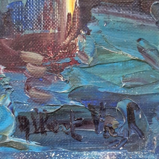A vibrant oil painting of a harbor scene featuring several fishing boats docked in calm waters.
