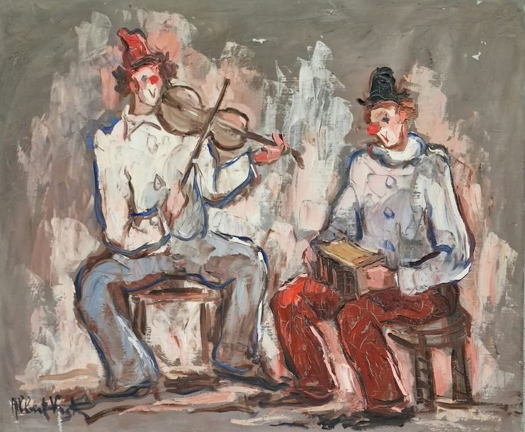 Artwork by Albert Vagh Weinmann, House by the stream; View of an alley; Clowns with violin and accordion, Made of oil on canvas