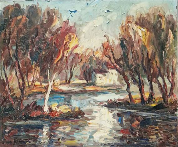 House by the stream; View of an alley; Clowns with violin and accordion by Albert Vagh Weinmann, 1983