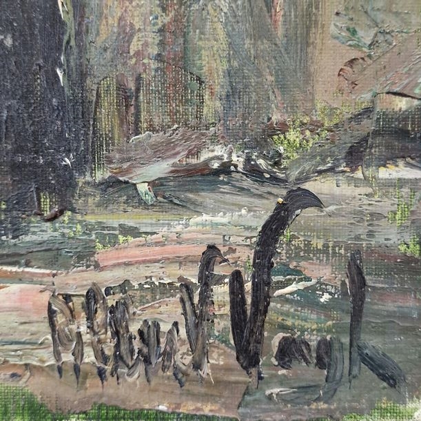 Artwork by Albert Vagh Weinmann, House by the stream; View of an alley; Clowns with violin and accordion, Made of oil on canvas
