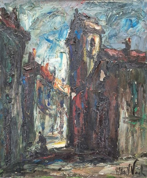 Artwork by Albert Vagh Weinmann, House by the stream; View of an alley; Clowns with violin and accordion, Made of oil on canvas